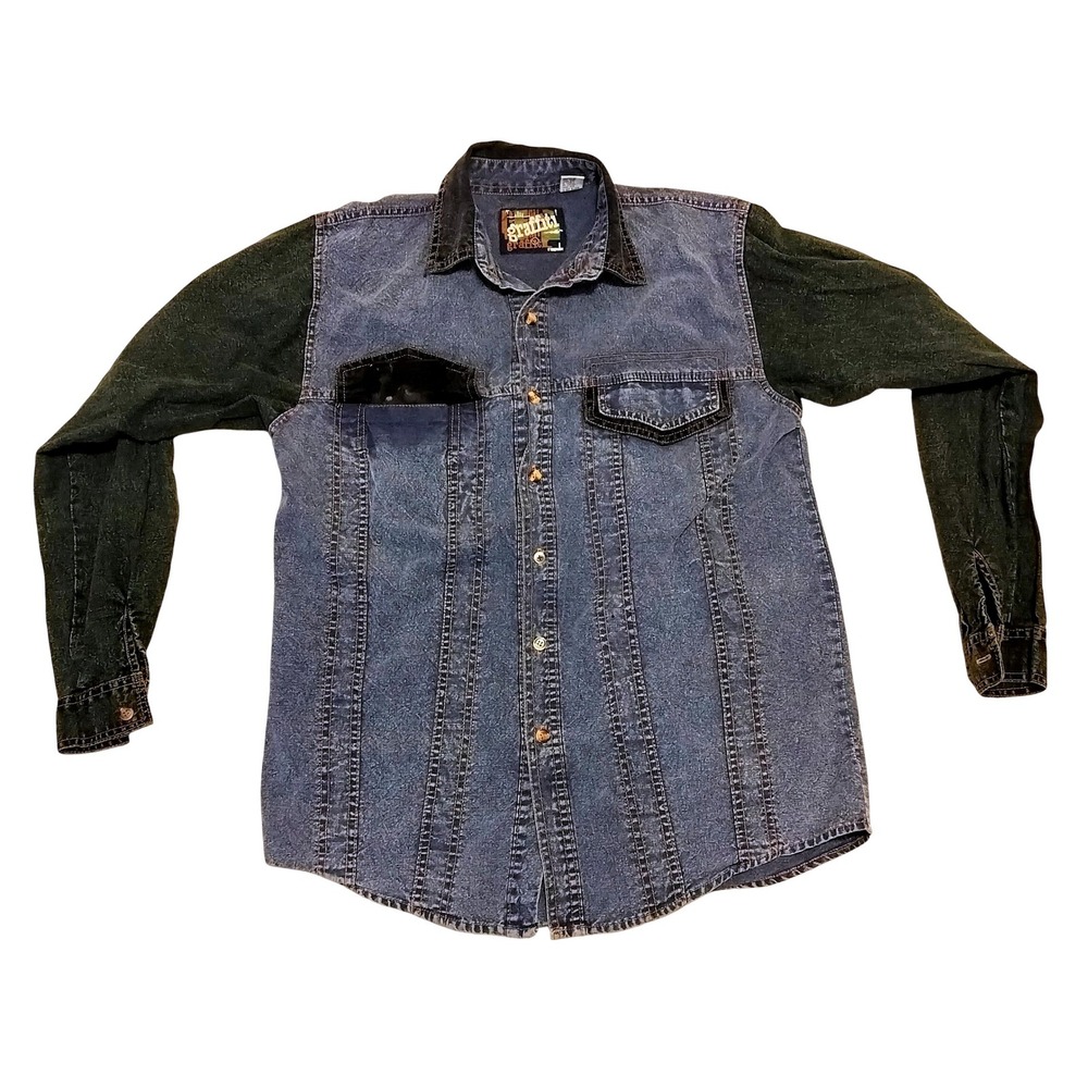 Vintage Denim jean Shirt Ramie Cotton Colorblock Mens Blue Green Acid Wash